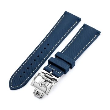 FKM39 Navy Blue Deployment FKM Rubber Watch Band Beige Stitch, - 19mm