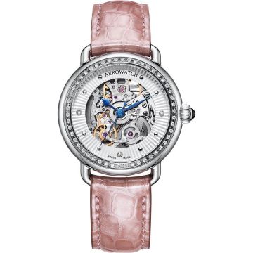 Aerowatch 1942 Lady Automatic Skeleton Diamonds Pink Leather