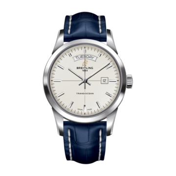 Breitling Transocean Day & Date Stainless Steel / Silver / Croco / Pin