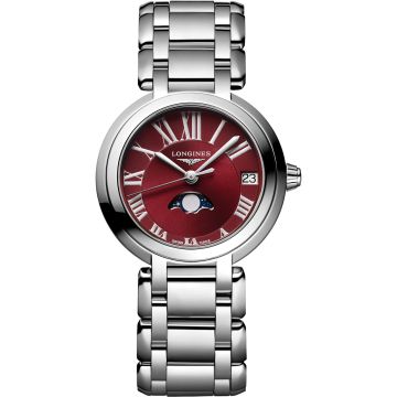Longines PrimaLuna 30.5 Quartz Moonphase Stainless Steel / Red - Roman / Bracelet