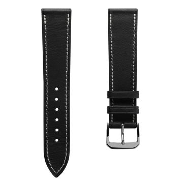 Camden Handmade and Handstitched French Leather Watch Strap - Black / White Stitching - 21mm