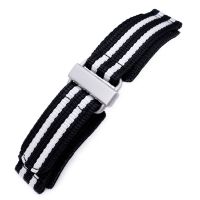 22mm MiLTAT Black & White Stripes 3-D Nylon Hoop and loop Fastener Watch Strap, Sandblasted Buckle - 29mm