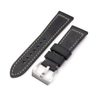 Pam Collection, Black French Crafted Leather Watch Strap for Panerai, Beige Stitching - 26mm