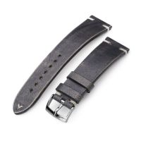 Q.R. 22mm Vintage Black Italian Handmade Leather Watch Strap, Khaki Stitching - 9mm