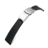 20mm Black Griffon One-Piece Handcrafted Italian Leather Watch Band, Blue Stitch - 10mm