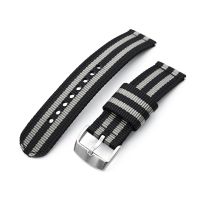 22mm 2-pcs Nylon Watch Band, Quick Release, Black & Grey Stripes, Brushed Buckle - 10mm