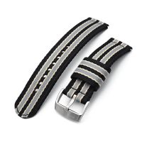2-pcs Seatbelt Nylon Watch Band, Black, Grey and Khaki Stripes, Brushed Buckle - 6mm