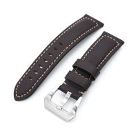 Dark Brown Tapered Semi-matte Leather Watch Band, Brushed Buckle - 15mm