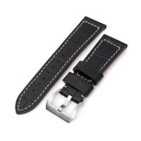 Pam Collection, Black Croco Grain Italian Leather Watch Strap for Panerai, Beige Stitching - 26mm