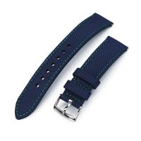 20mm Sailcloth Strap Navy Blue Quick Release Nylon Watch Band, Green Stitching - 30mm