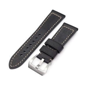 Pam Collection, Black French Crafted Leather Watch Strap for Panerai, Beige Stitching - 26mm