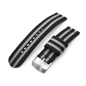 2-pcs Nylon Watch Band, Quick Release, Black & Grey Stripes, Brushed Buckle - 10mm