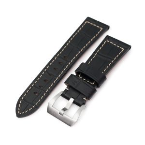 Pam Collection, Black Croco Grain Italian Leather Watch Strap for Panerai, Beige Stitching - 26mm