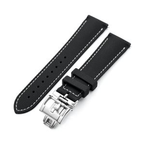 FKM39 Black Deployment FKM Rubber Watch Band Beige Stitch, 18mm to 23mm - 23mm