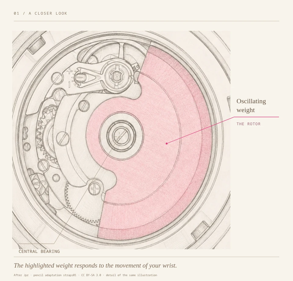 Detail of the ETA 2824-2 pencil drawing, with the rotor tinted raspberry and its central bearing marked.