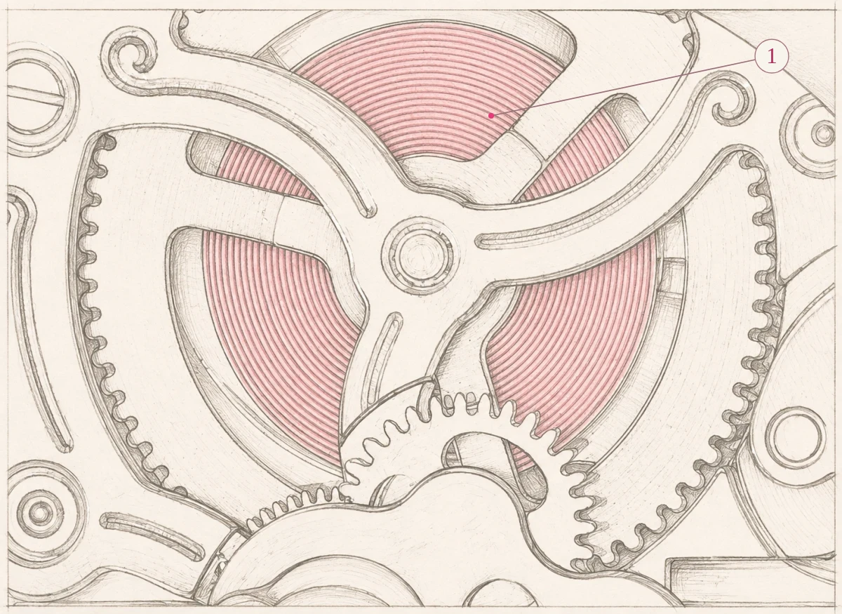Sepia pencil study of a skeleton watch barrel, with the visible coils of its mainspring lightly highlighted in raspberry.