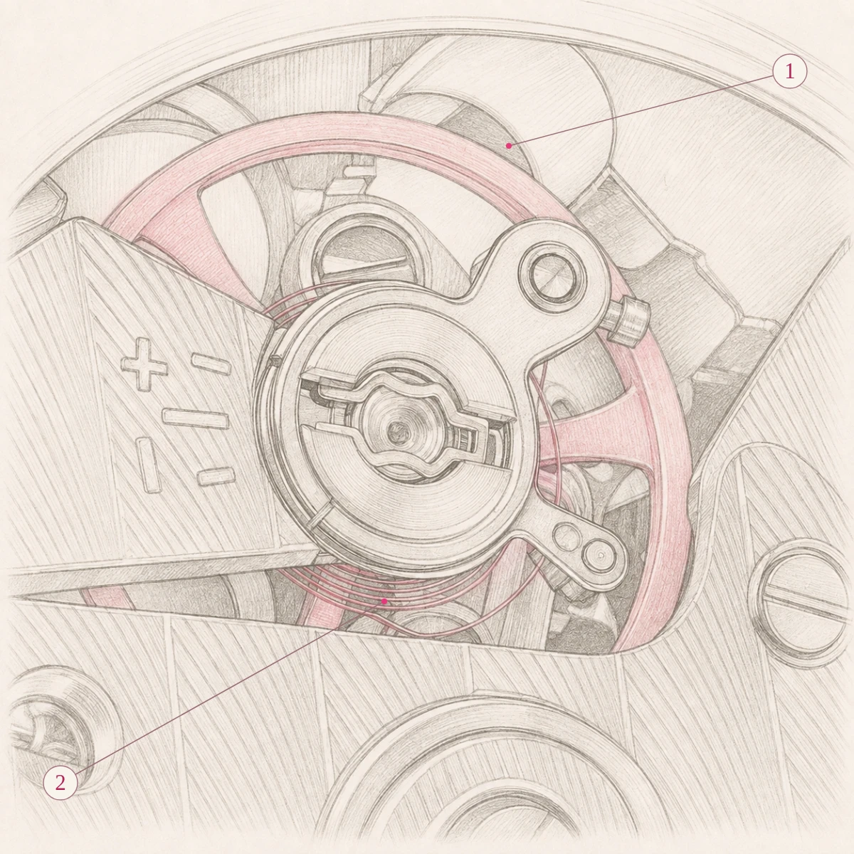 Pencil detail of a balance wheel and its fine hairspring, highlighted in pale raspberry beneath a neutral sepia support.