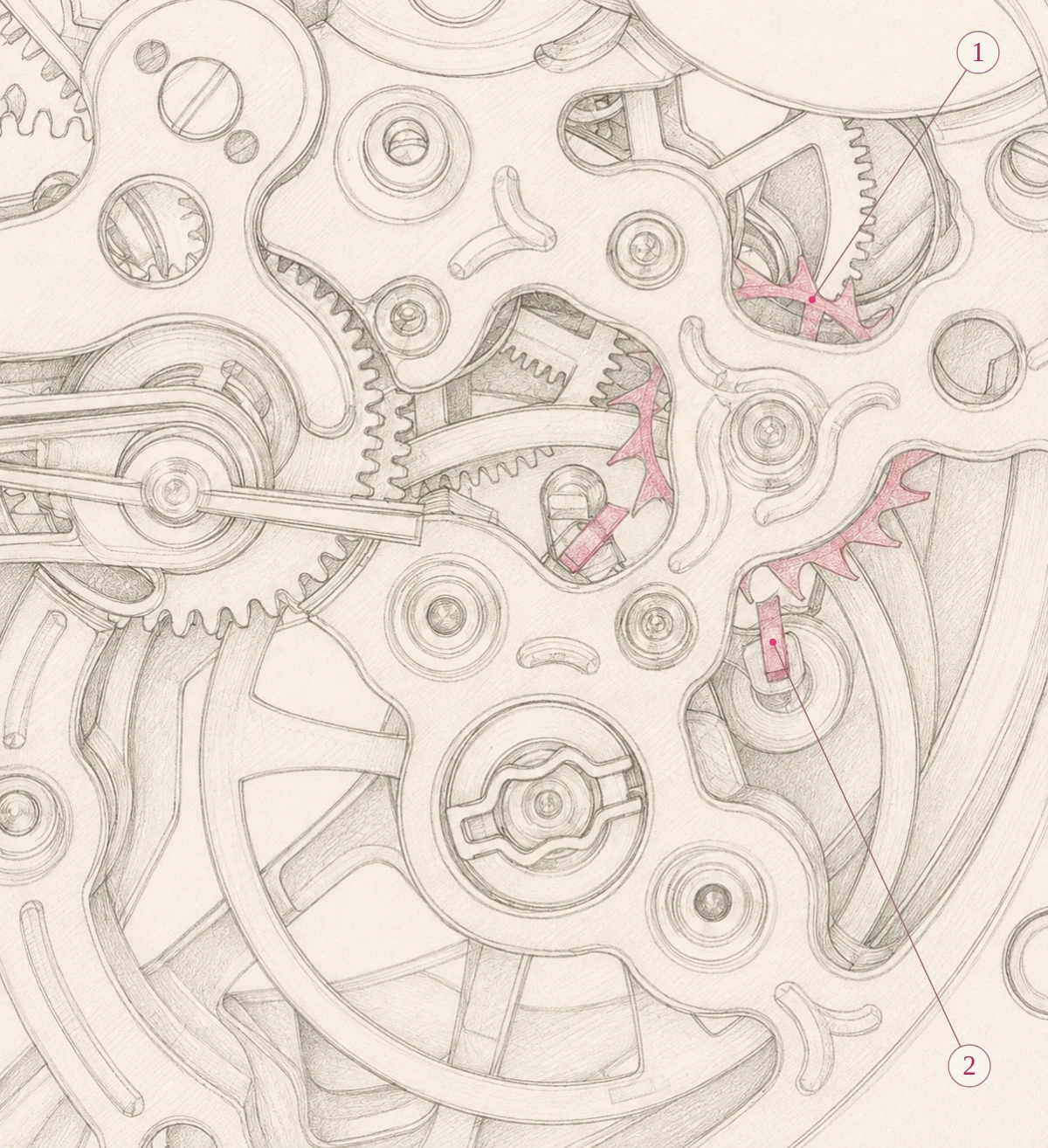 Sepia study of a lever escapement with visible escape-wheel teeth and two pallet stones picked out in raspberry between the bridges.