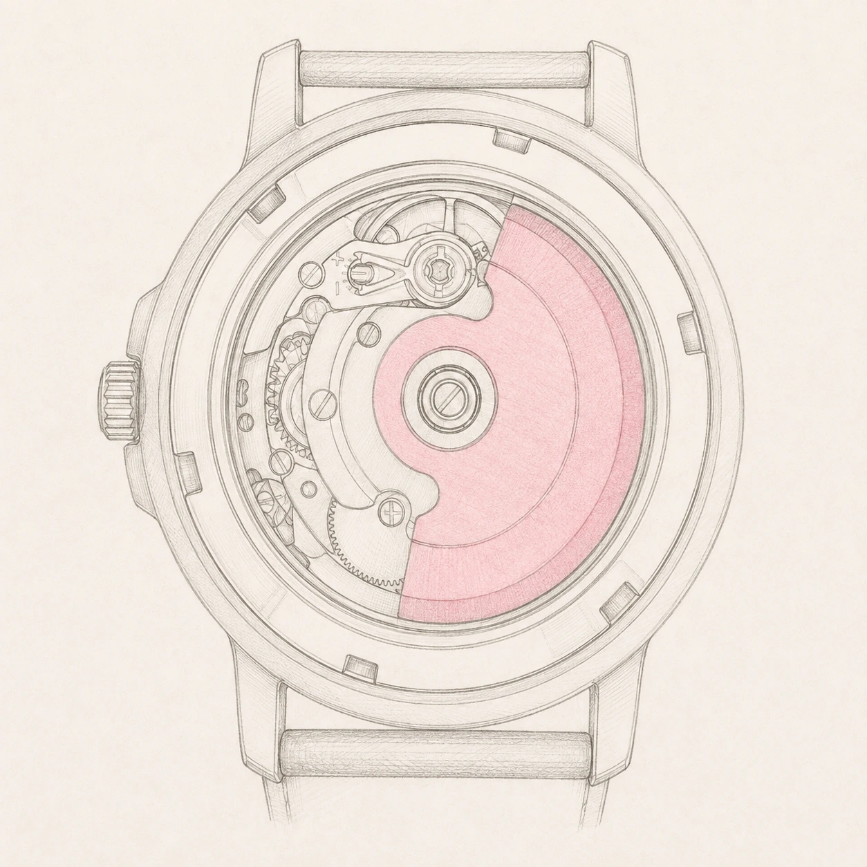 Sepia engineering pencil drawing of an ETA 2824-2 through a complete watch caseback, with only its winding rotor lightly tinted raspberry.
