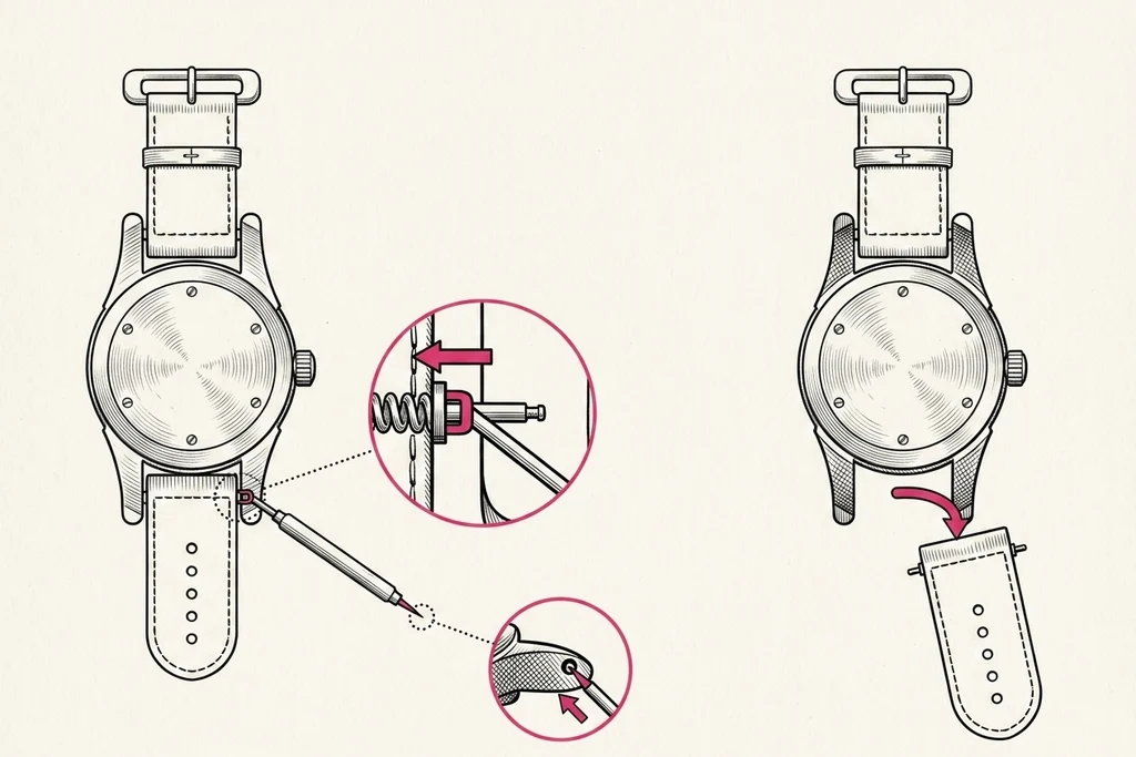 Diagram, watch seen from the back: a forked spring bar tool between the lug and the strap end compresses the bar, the strap end lifts out; inset shows the pin end through a drilled lug