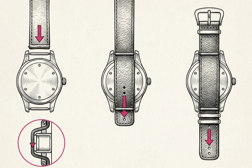 Diagram in three steps, watch seen from the back: a one-piece strap threaded under the first spring bar, across the caseback and under the second spring bar