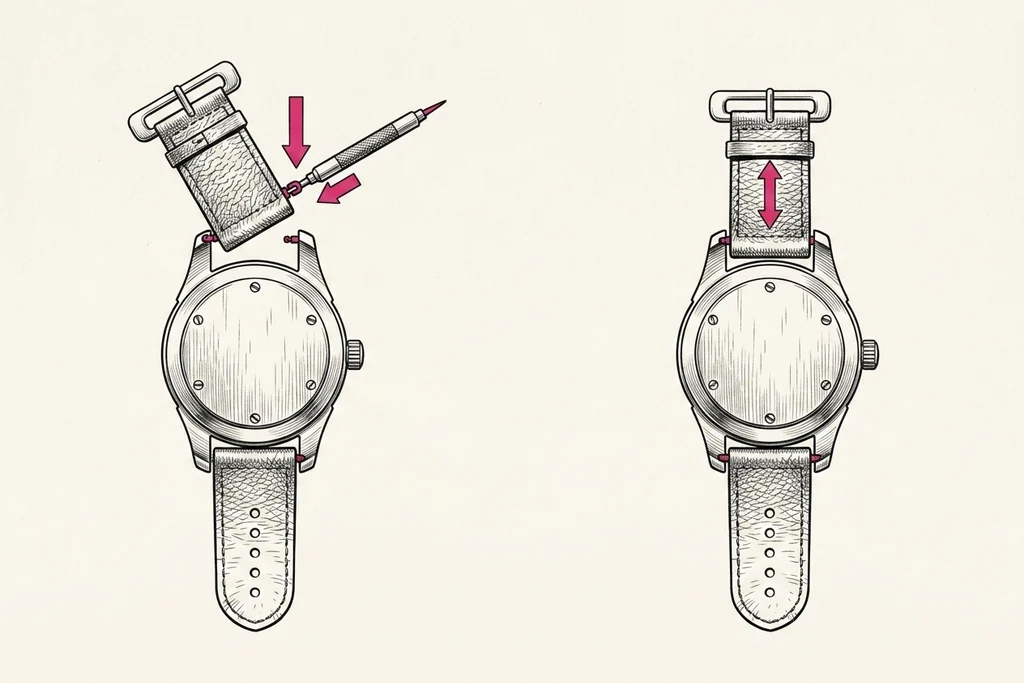 Diagram, watch seen from the back: one tip of the spring bar seated in the left lug, the strap lowered until the other tip clicks into the right lug, then a tug test
