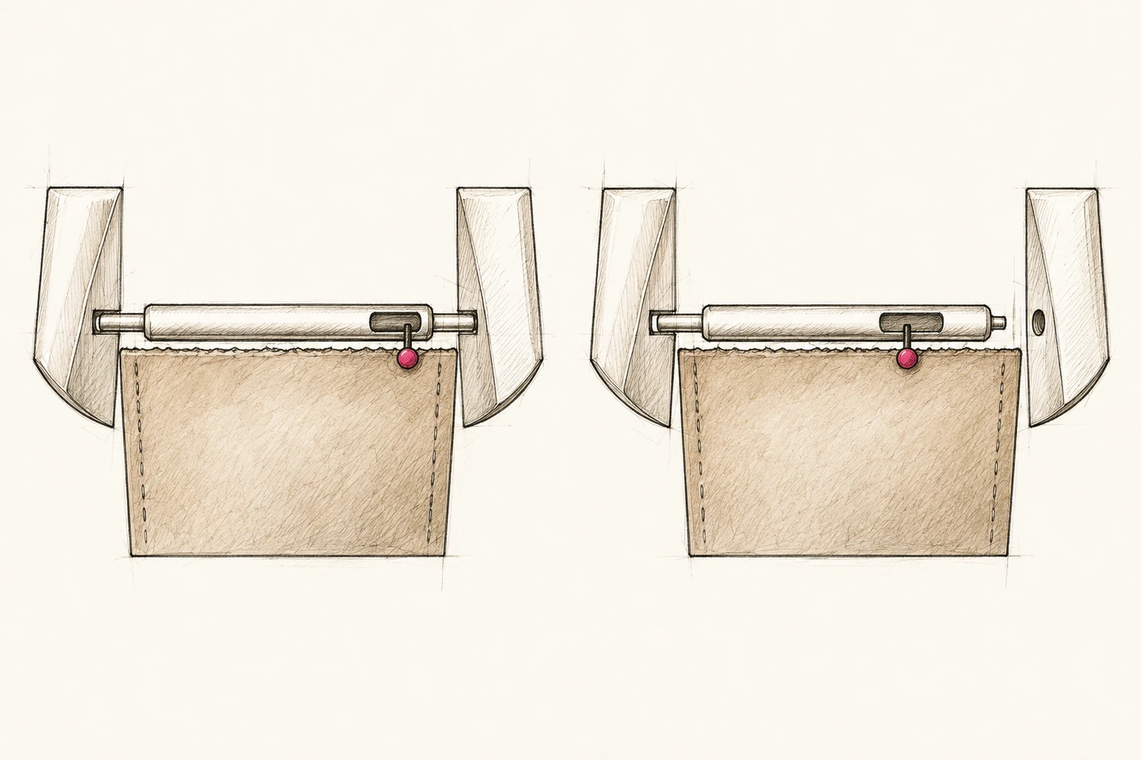 Deux états en coupe d’une barrette à dégagement rapide : le levier et l’extrémité droite se déplacent ensemble vers l’intérieur tandis que le tube extérieur reste fixe.