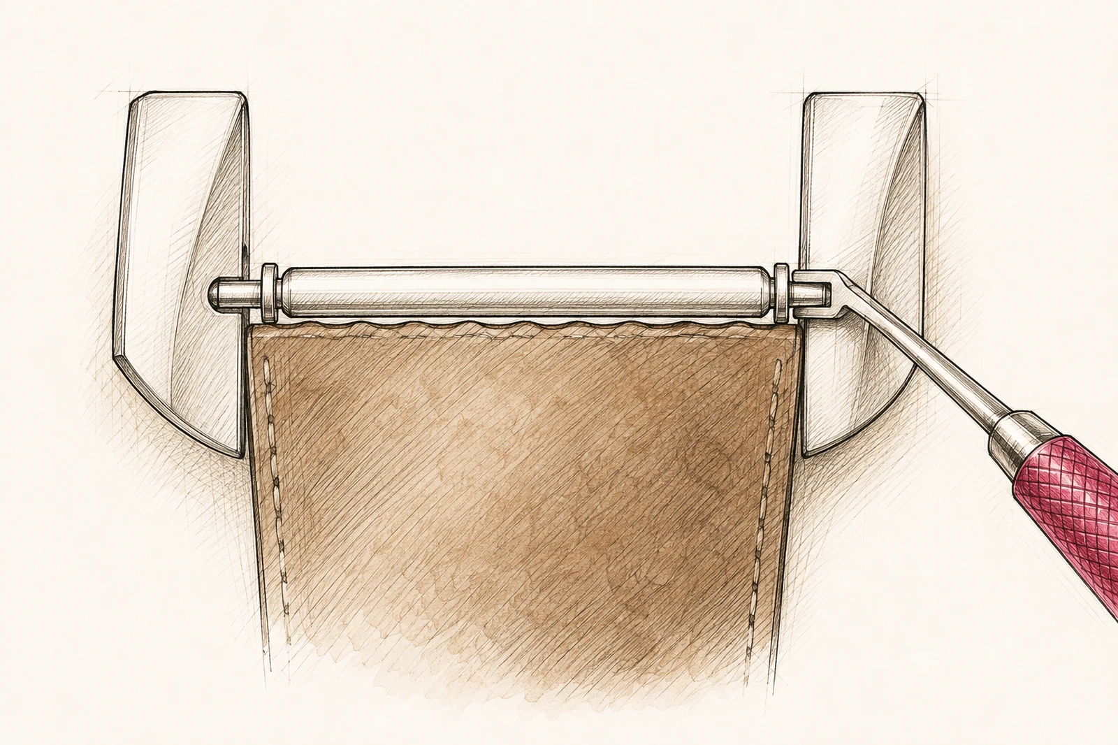 Détail en coupe d’une barrette à ressort classique : une fourche prend appui sur la face extérieure de son épaulement ; l’outil comprime l’extrémité vers l’intérieur dans l’axe de la barrette.