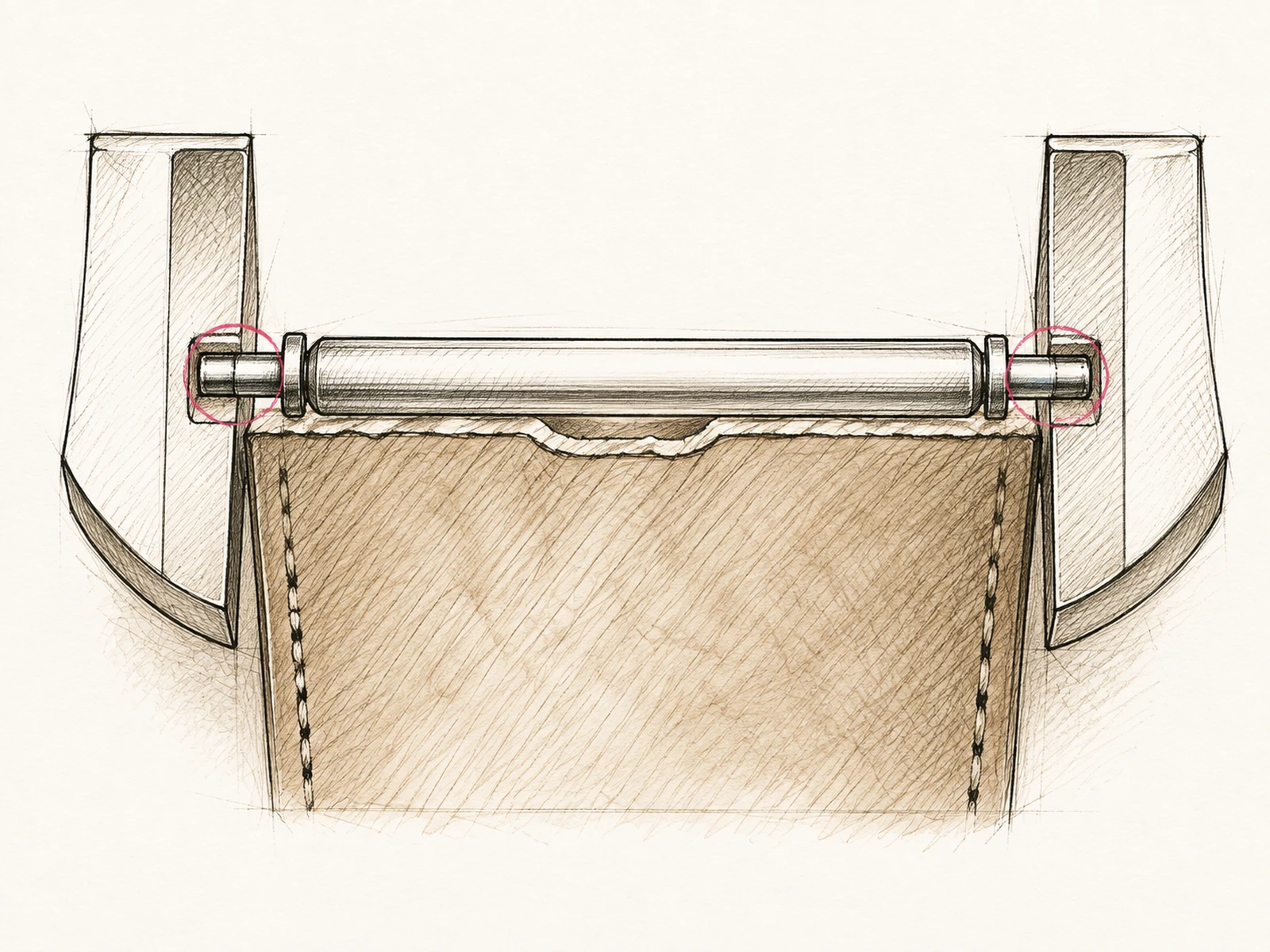 Dessin en coupe montrant les deux extrémités de la barrette à ressort engagées dans les trous des cornes.