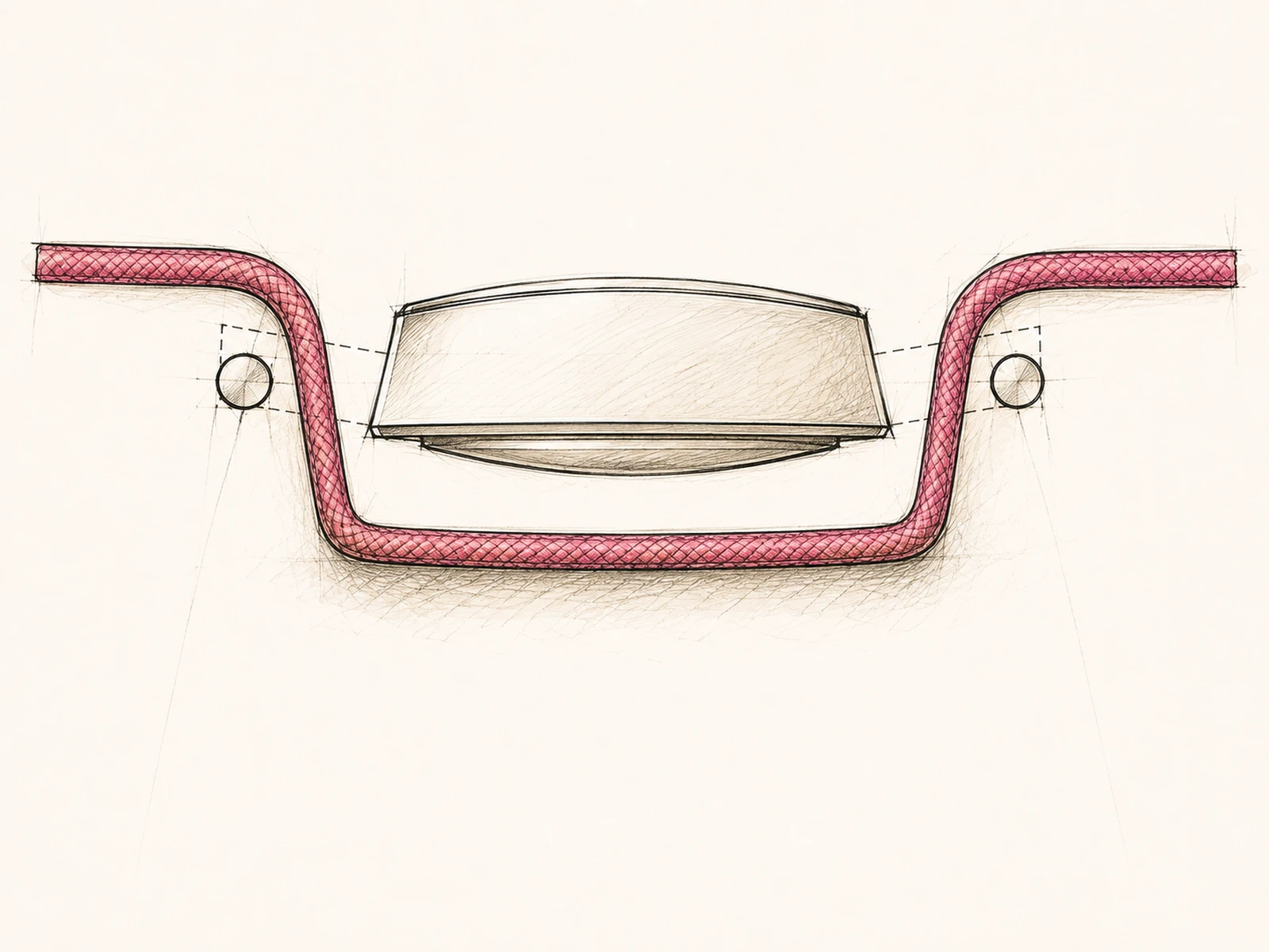 Coupe de profil montrant un bracelet continu passant à l’intérieur de chaque barrette à ressort et derrière le fond du boîtier, du côté 12 heures vers le côté 6 heures.