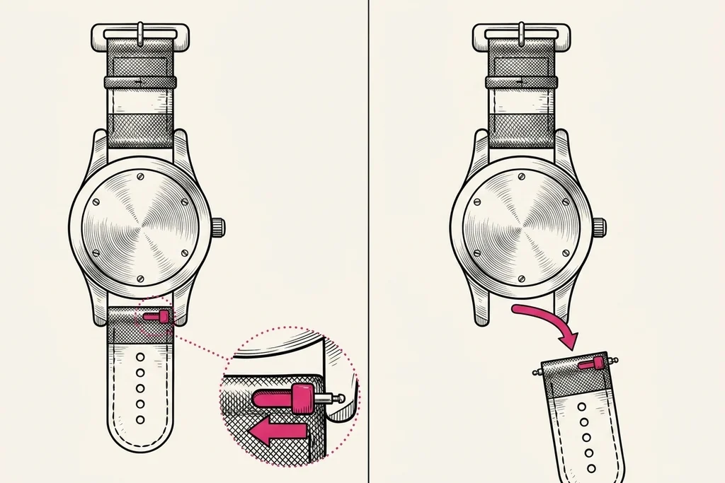 Diagram, watch seen from the back: the quick-release lever slides sideways towards the middle of the strap, then the strap end lifts out of the lugs