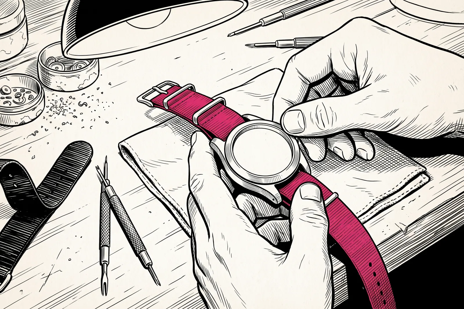 Two hands fitting a new strap on a watch lying on a cloth at a workbench, a spring bar tool beside it