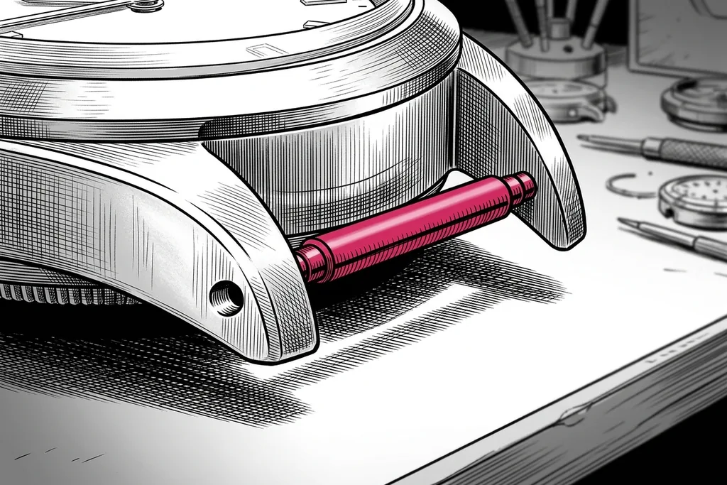 close-up of one lug of a watch case with a spring bar seated in its drilled hole, cutaway feel, the second lug slightly out of focus