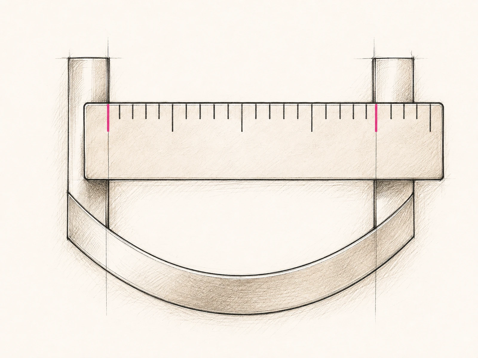 Détail agrandi de la règle : le zéro est aligné sur la face intérieure de la corne gauche, et la face intérieure droite sur 20 mm.