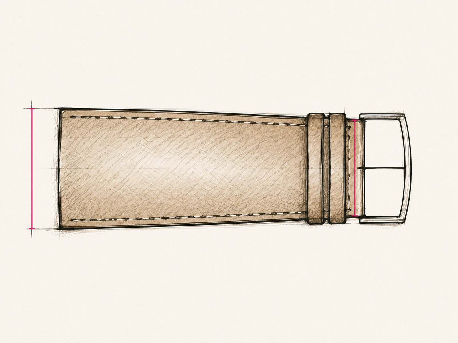 Dessin d’un bracelet effilé : la cote de gauche mesure l’extrémité large côté montre, celle de droite le cuir plus étroit à l’attache de la boucle.