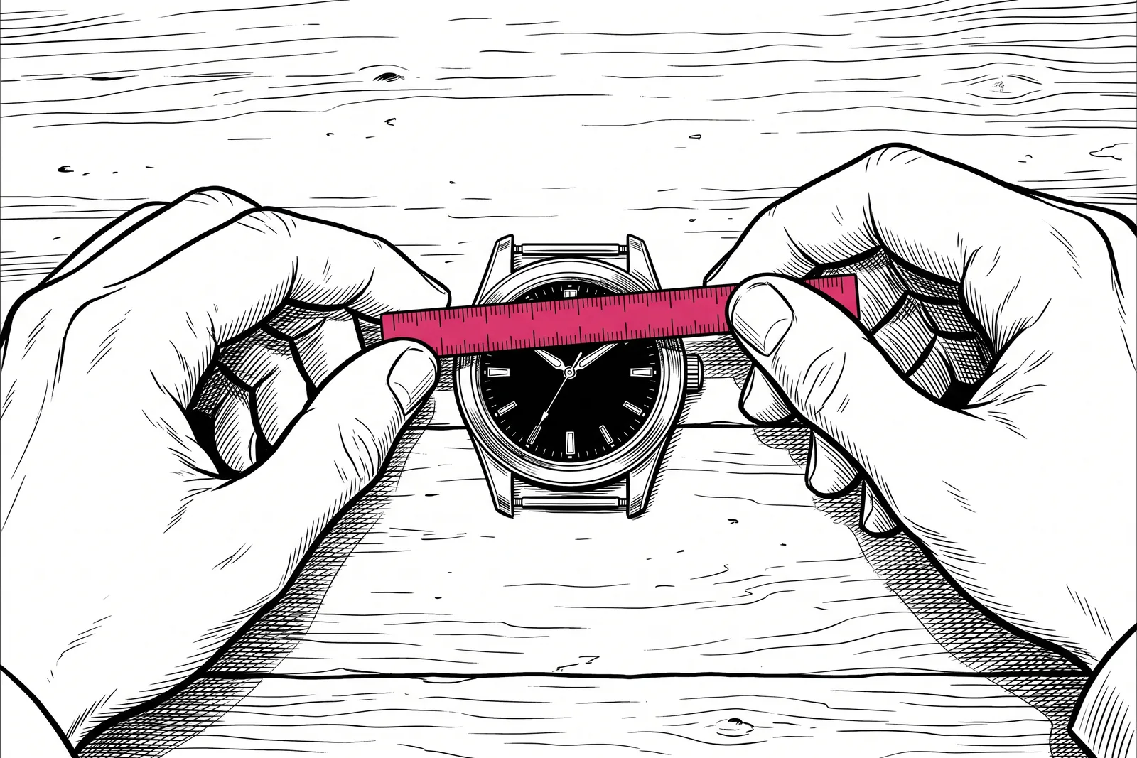 A close-up illustration of a metric ruler measuring the gap between watch lugs on a table