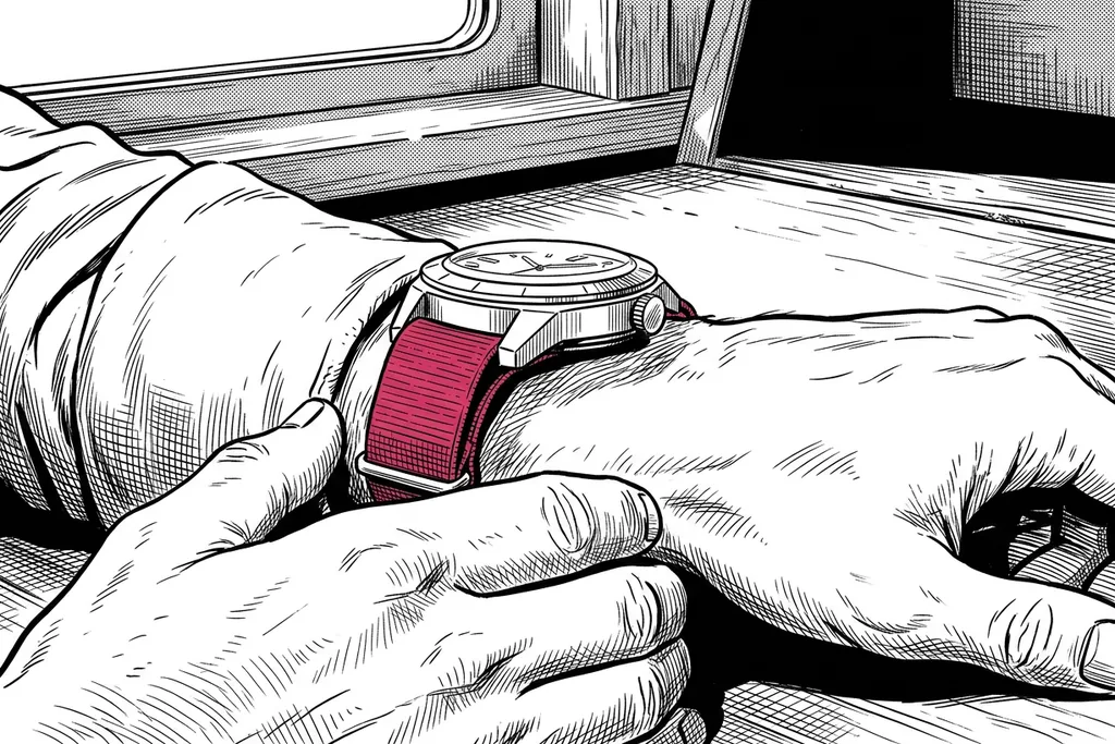 Vue de profil d’une montre au poignet : le bracelet passe sous le fond du boîtier et le surélève légèrement.
