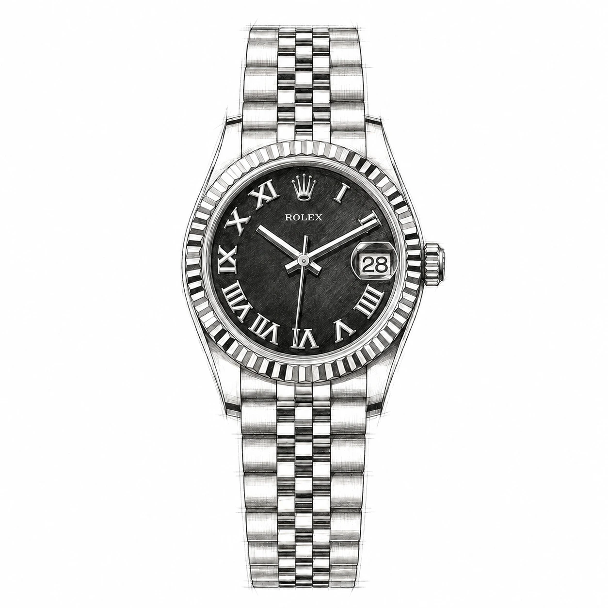 Illustration au graphite inspirée d’une Datejust 31 avec chiffres romains, lunette cannelée, loupe Cyclope et bracelet Jubilee.