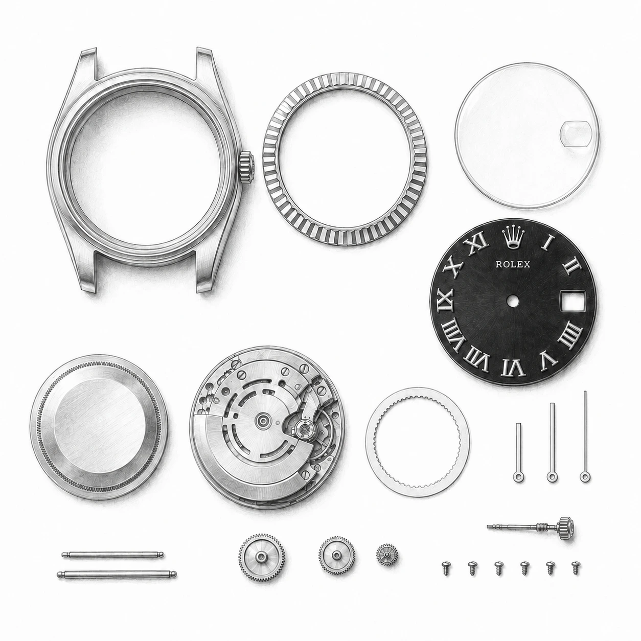 Étude de démontage au graphite : boîtier de Datejust, lunette cannelée complète, verre, cadran, mouvement assemblé, fond, disque de calendrier retourné et petites pièces.