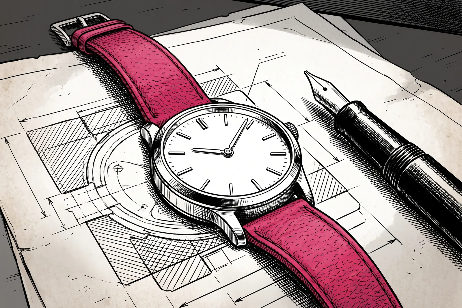 A mid-sized gold watch with a dark dial on a textured leather strap