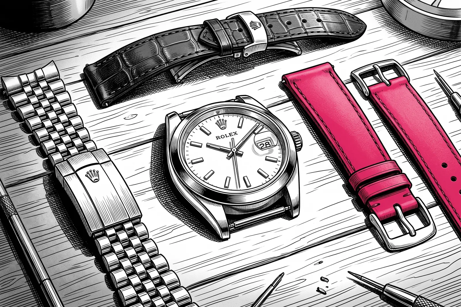 A Rolex Datejust 36 watch displayed with several alternative replacement straps in different colours