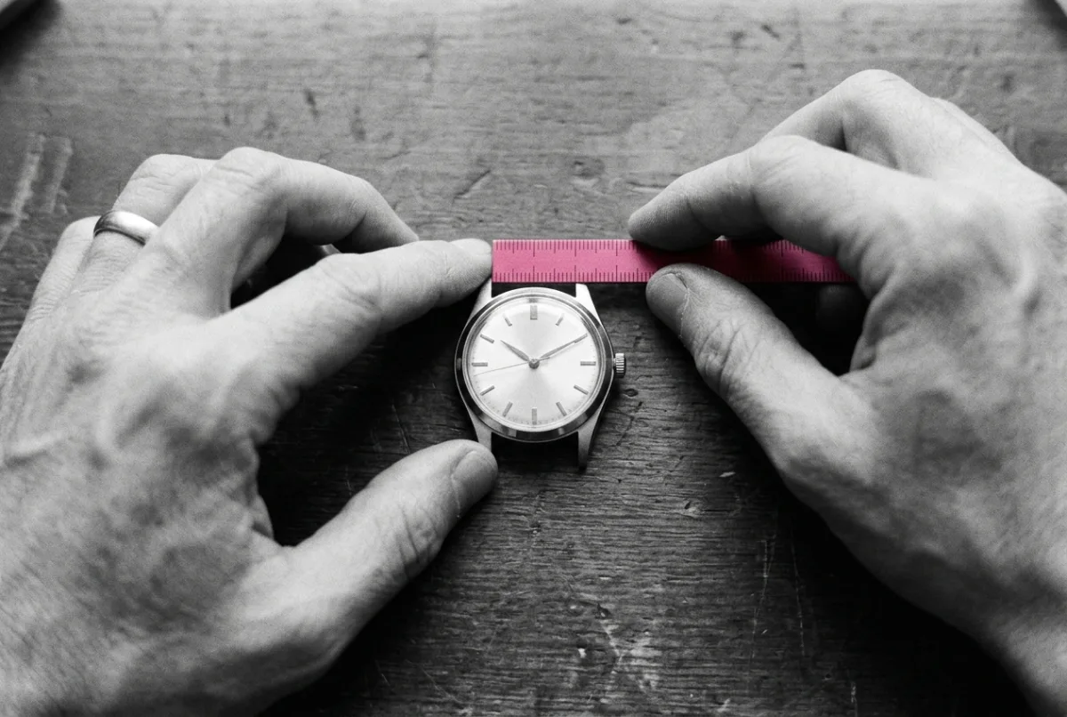 Two hands holding a ruler across the gap between the lugs of a watch