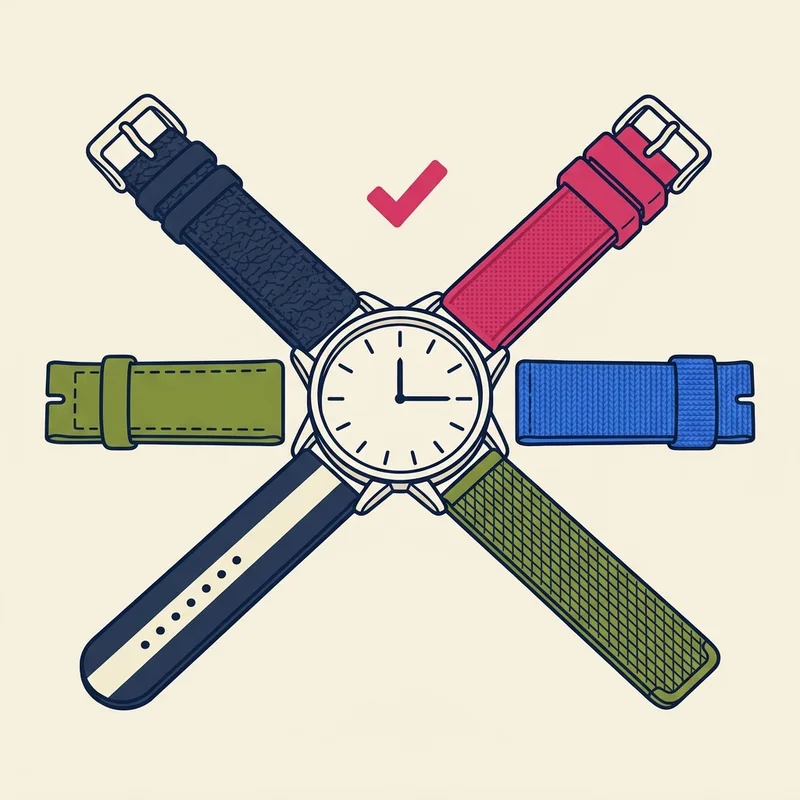 Six straps of the same width fanned around a watch