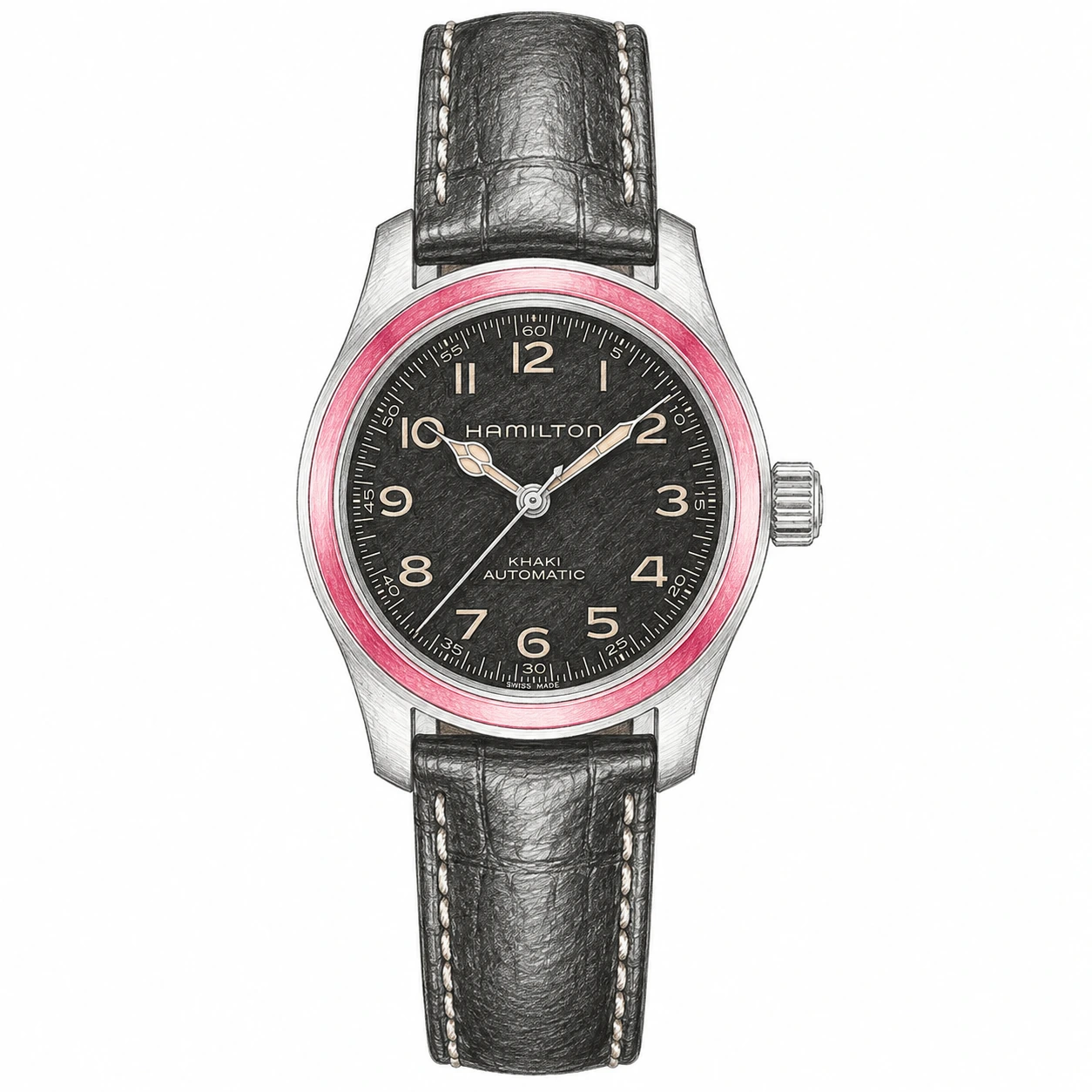 Hand-drawn Hamilton Murph with Arabic numerals, cathedral hands, black leather strap and a raspberry smooth bezel