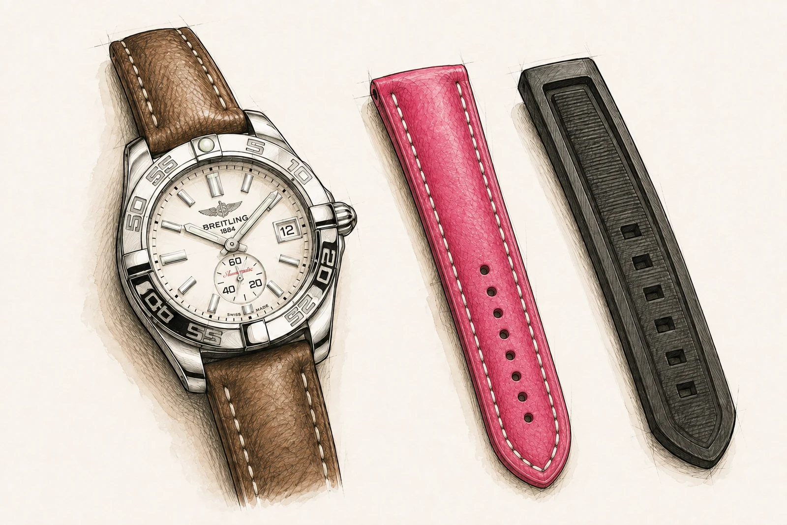 Hand-drawn strap selection for a Breitling Galactic, with a raspberry strap accent.