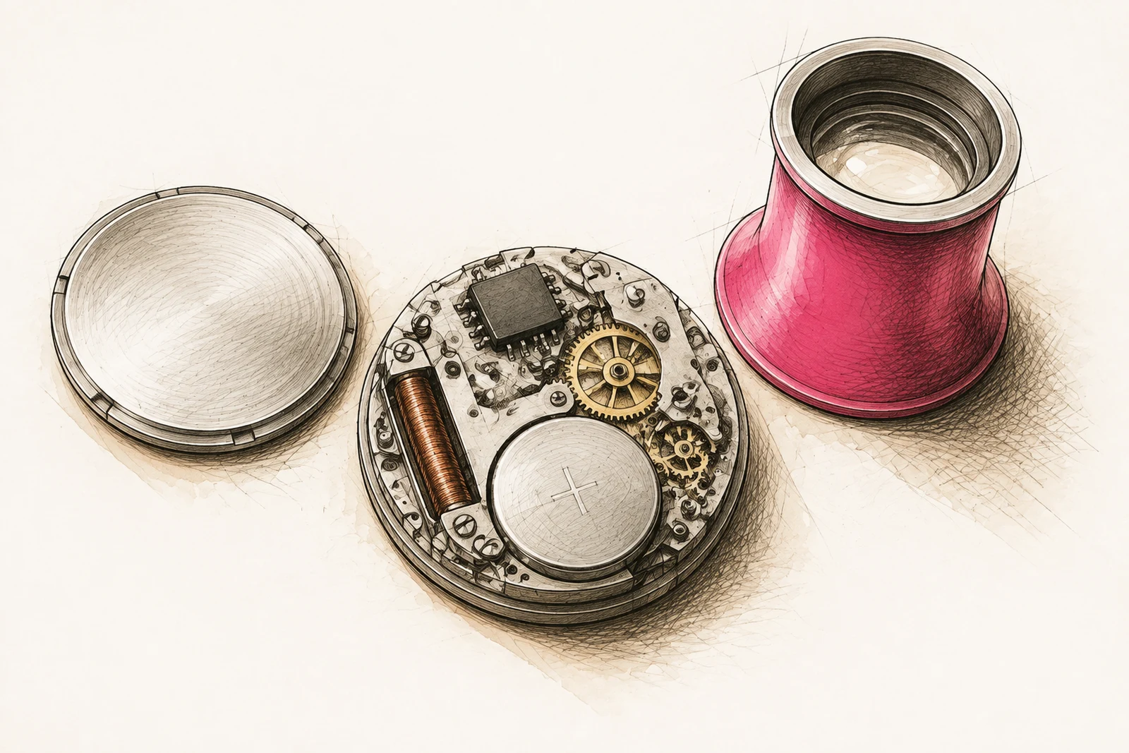 Ink and sepia study of a quartz movement and battery beside a raspberry watchmaker’s loupe.