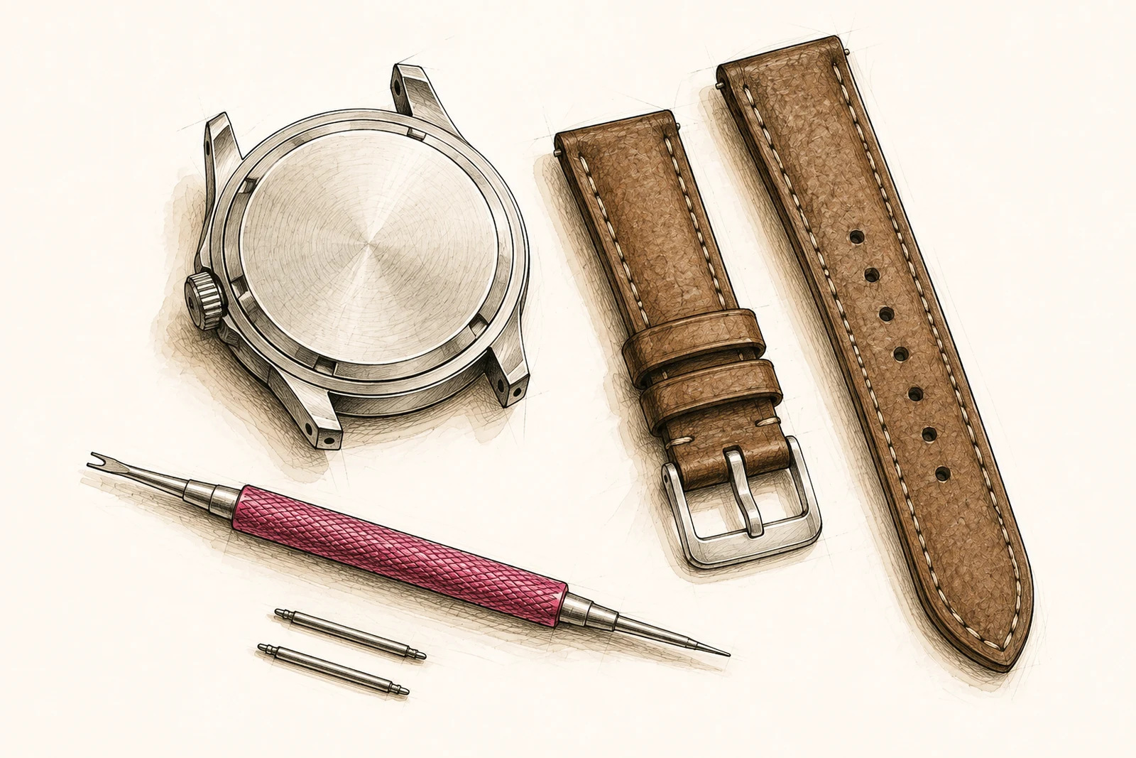 Ink and sepia study of a watch caseback, leather strap halves and a raspberry-handled spring-bar tool.