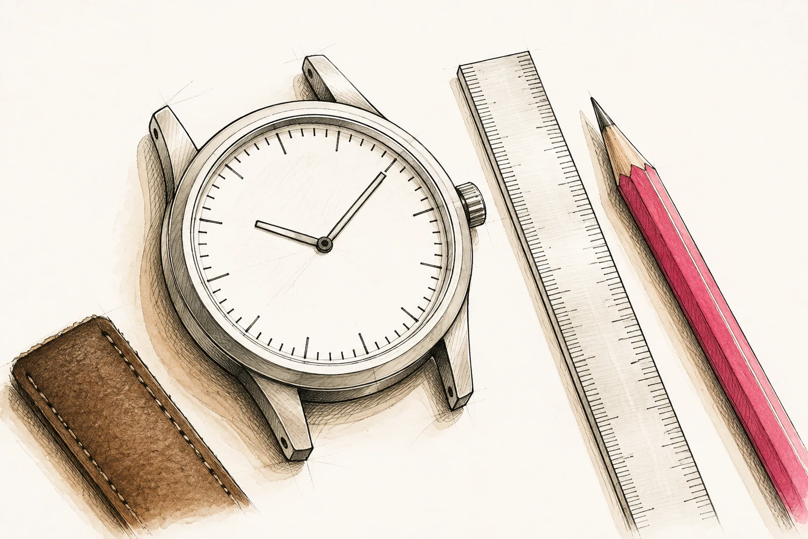 Hand-drawn study of a watch head and measuring ruler, with a raspberry pencil on warm paper.