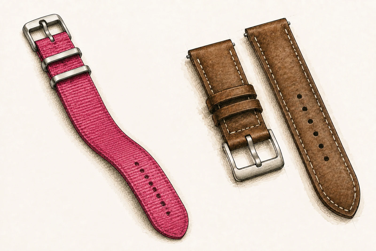 Hand-drawn comparison of a raspberry woven pass-through strap and two brown leather strap halves.