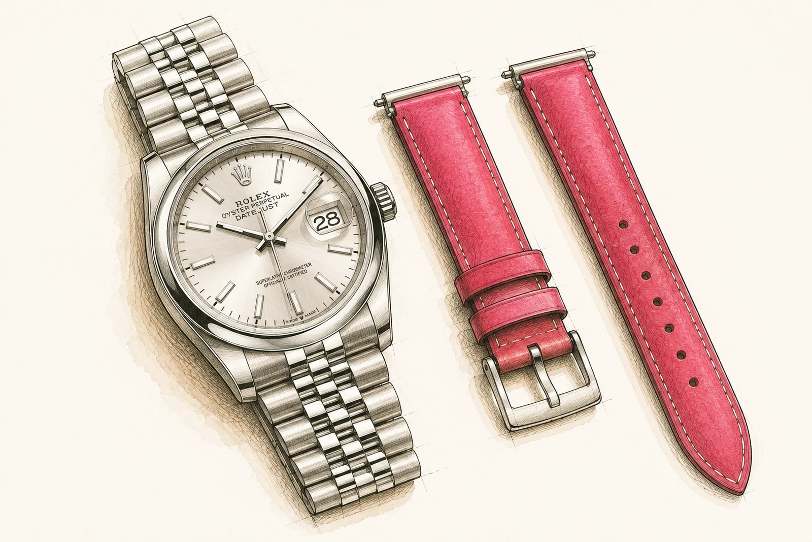 Ink and sepia strap study for a Datejust 36, with a raspberry leather strap.